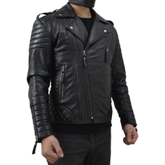 Men's Brando Black Gun Metal Quilted Padded Genuine Leather Biker Jacket