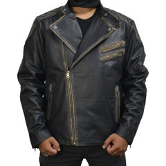 Men's Skull Embossed Black Distress VIntage Motorcycle Genuine Leather Biker Jacket