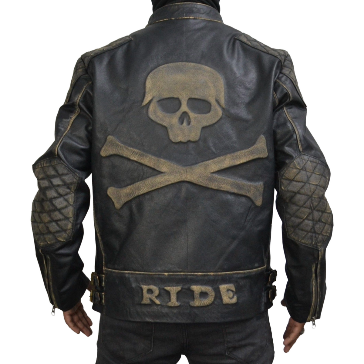 Men's Skull Embossed Black Distress VIntage Motorcycle Genuine Leather Biker Jacket