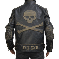 Men's Skull Embossed Black Distress VIntage Motorcycle Genuine Leather Biker Jacket