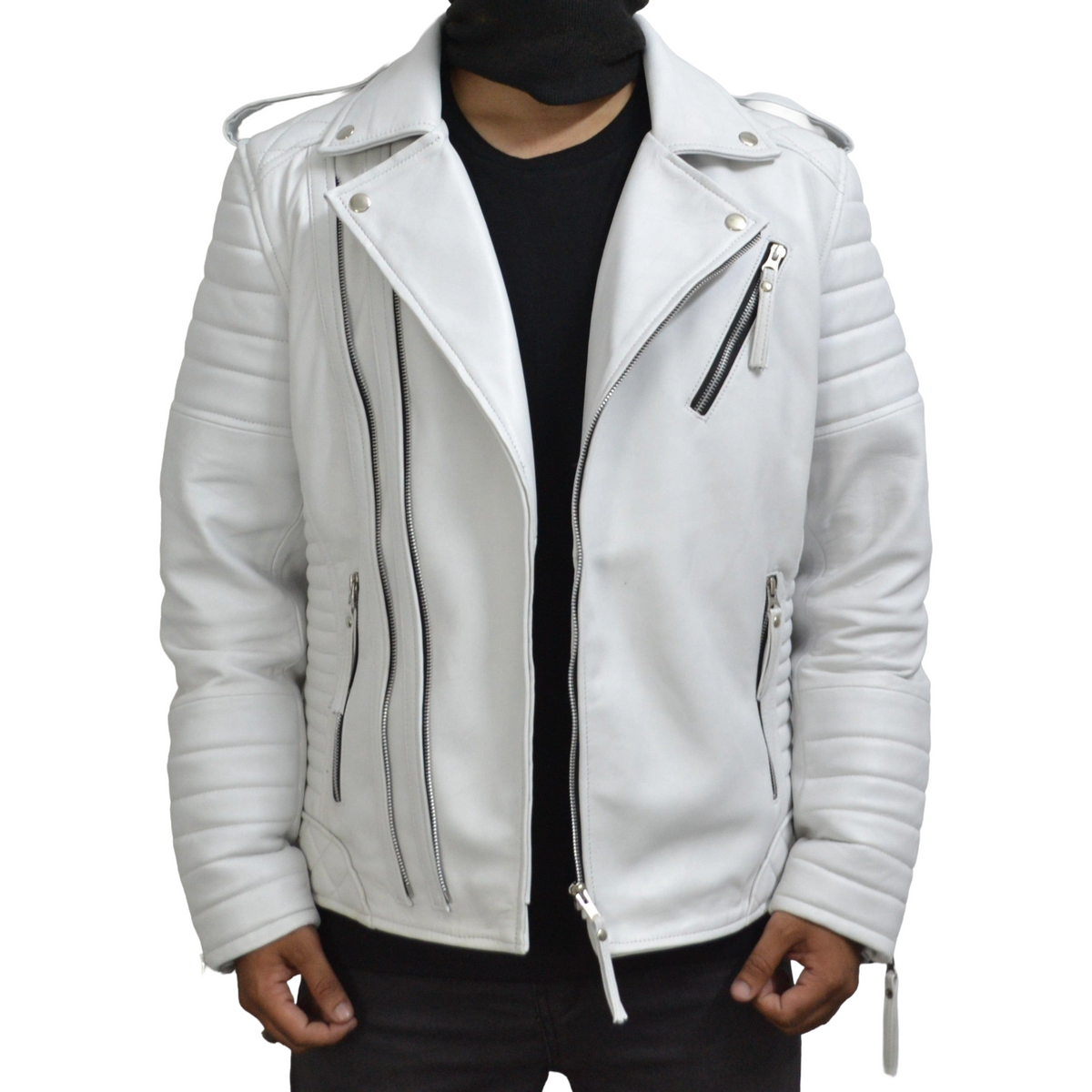 Men's Brando White Motorcycle Genuine Leather Biker Jacket