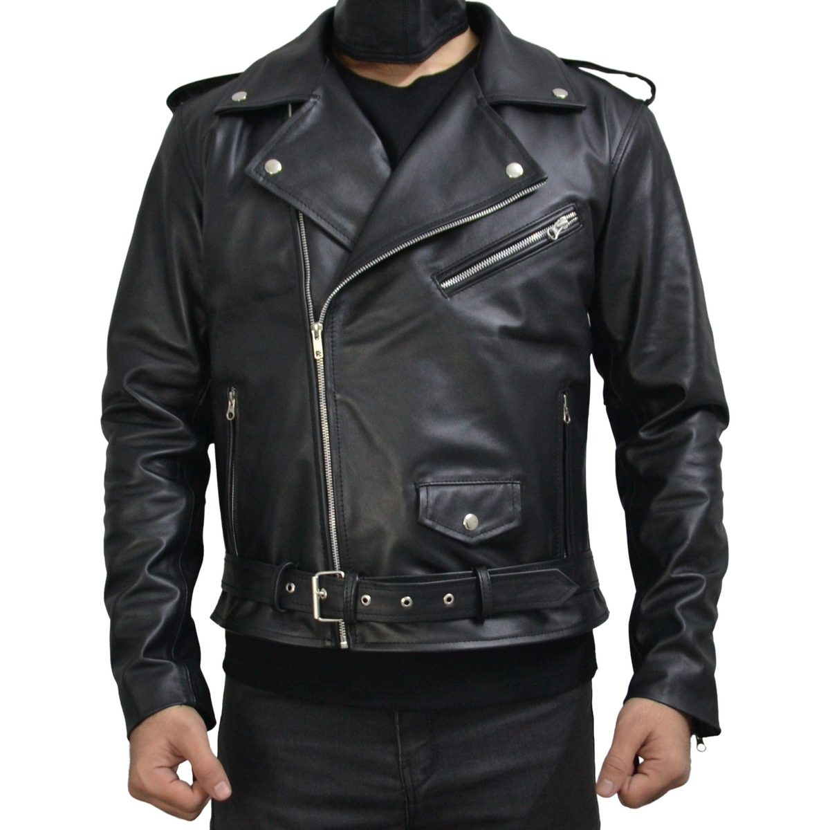 Men's Black Motorcycle Genuine Leather Slim-Fit Half-Belted Biker Jacket