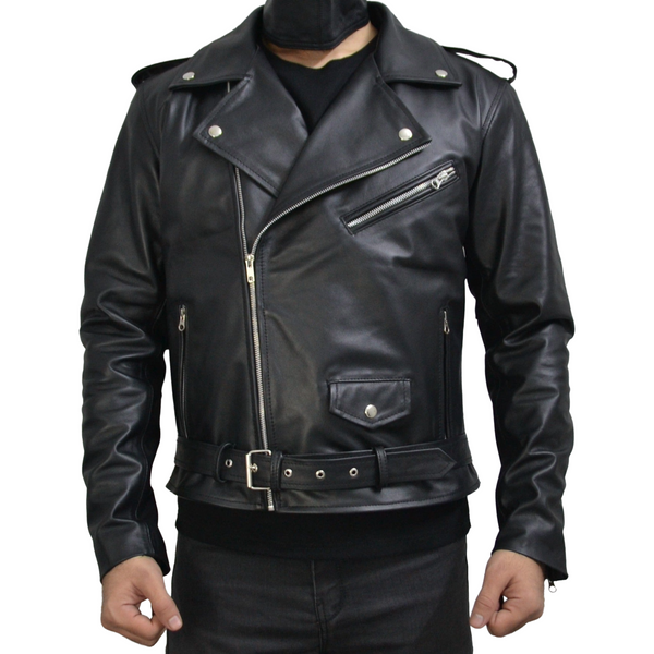 Men's Black Motorcycle Genuine Leather Slim-Fit Half-Belted Biker