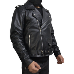 Men's Black Motorcycle Genuine Leather Slim-Fit Half-Belted Biker Jacket