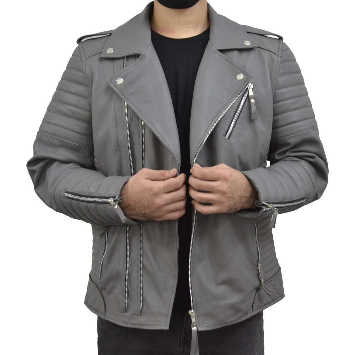 Men's Brando Grey Motorcycle Genuine Lambskin Leather Biker Jacket