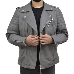 Men's Brando Grey Motorcycle Genuine Lambskin Leather Biker Jacket