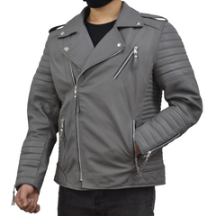 Men's Brando Grey Motorcycle Genuine Lambskin Leather Biker Jacket