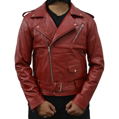 Men's Maroon Motorcycle Genuine Leather Slim-Fit Biker Jacket
