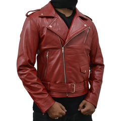 Men's Maroon Motorcycle Genuine Leather Slim-Fit Biker Jacket