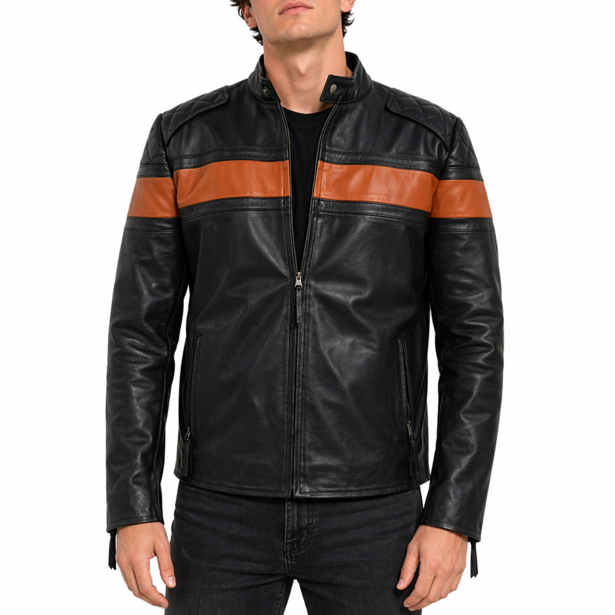 Men's Black Quilted Biker Cafe Racer Genuine Cowhide Motorcycle Leather Jacket