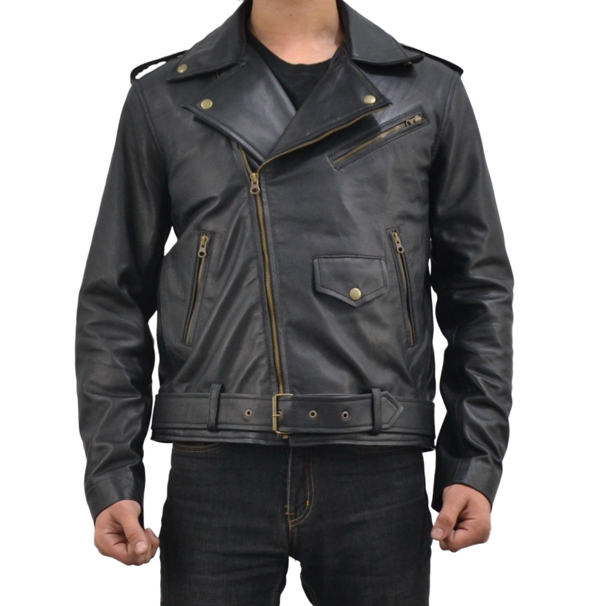 Men's Motorcycle Black Belted Genuine Leather Biker Jacket