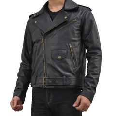 Men's Motorcycle Black Belted Genuine Leather Biker Jacket