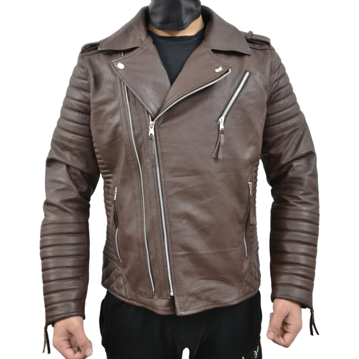 Men's Brando Dark Brown Motorcycle Quilted Genuine Leather Biker Jacket