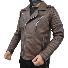 Men's Brando Dark Brown Motorcycle Quilted Genuine Leather Biker Jacket