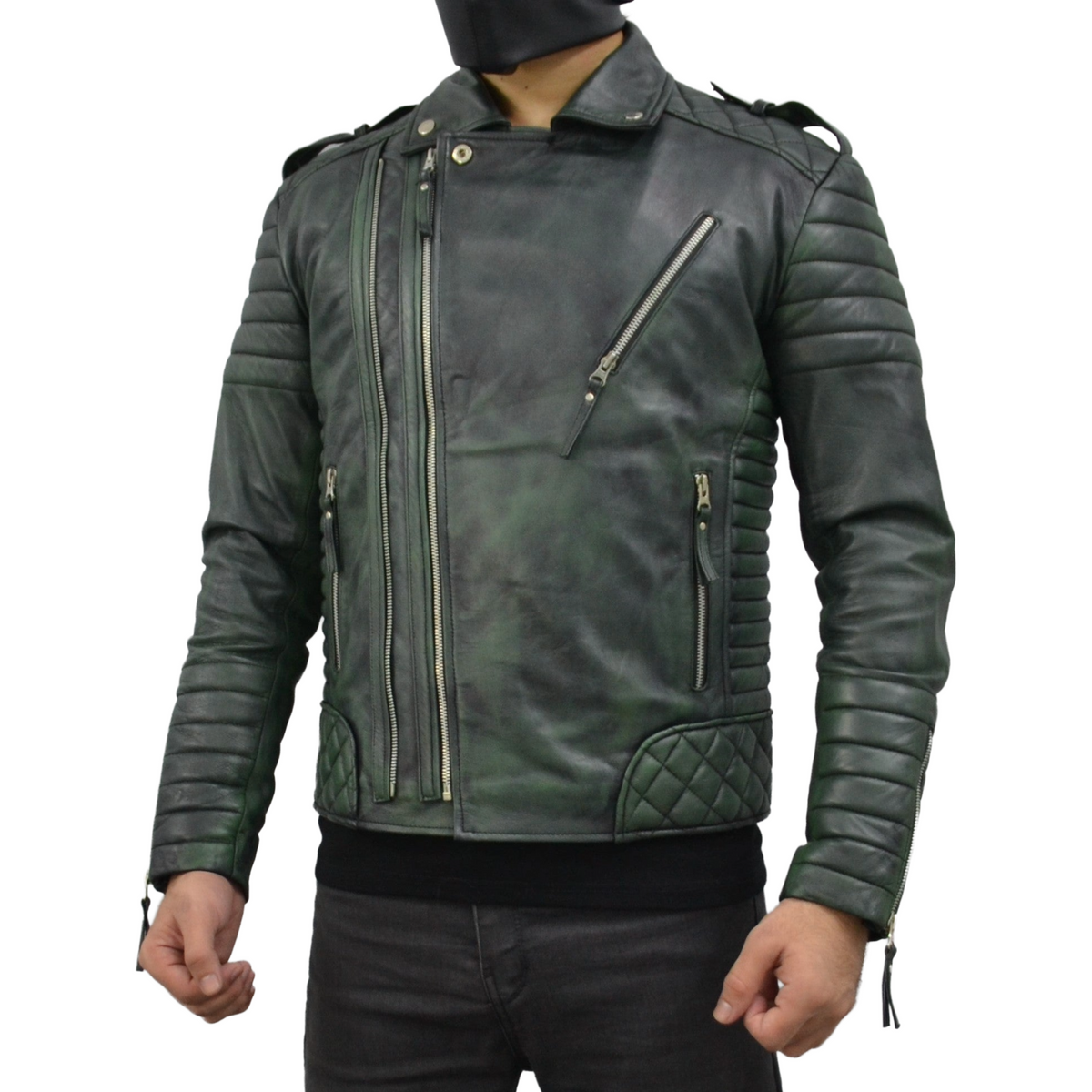 Men's Brando Burnt Green Motorcycle Genuine Leather Biker Jacket