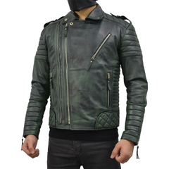 Men's Brando Burnt Green Motorcycle Genuine Leather Biker Jacket