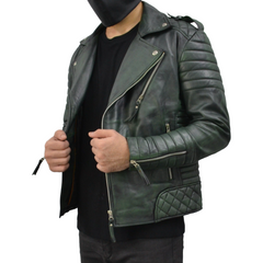 Men's Brando Burnt Green Motorcycle Genuine Leather Biker Jacket
