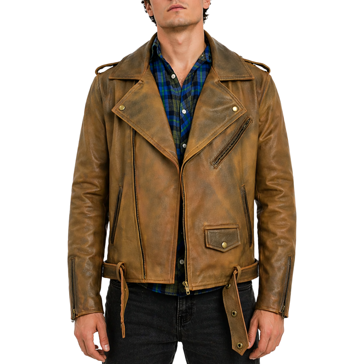 Men's Distressed Motorcycle CowHide Mens Slim Locklear Leather Biker Moto Jacket