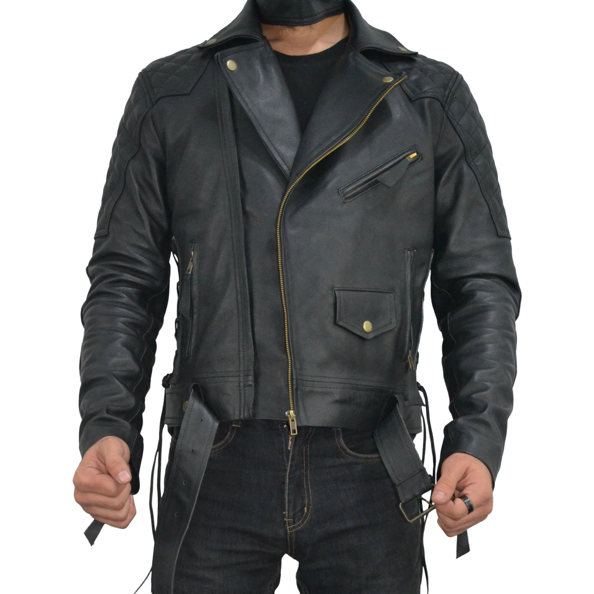 Mens Quilted Side Lace up Motorcycle Leather Biker Jacket