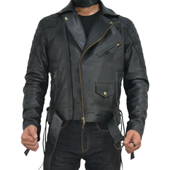 Mens Quilted Side Lace up Motorcycle Leather Biker Jacket
