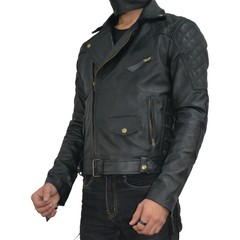 Mens Quilted Side Lace up Motorcycle Leather Biker Jacket