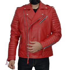 Men's Brando Quilted Padded Red Biker Motorcycle Leather Jacket