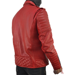 Men's Brando Quilted Padded Red Biker Motorcycle Leather Jacket