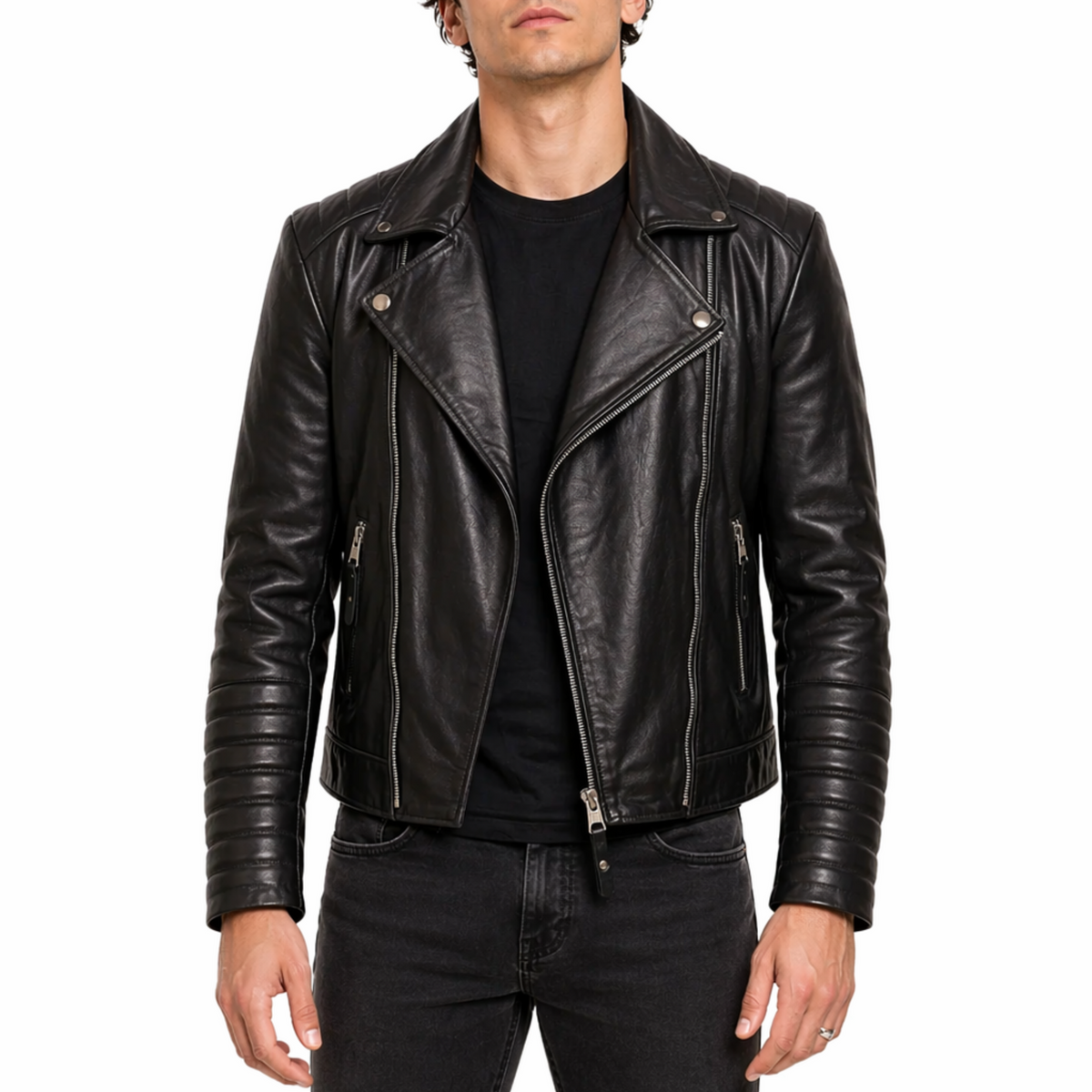 Mens Black Motorcycle Designer Moto Biker Real Sheepskin Leather