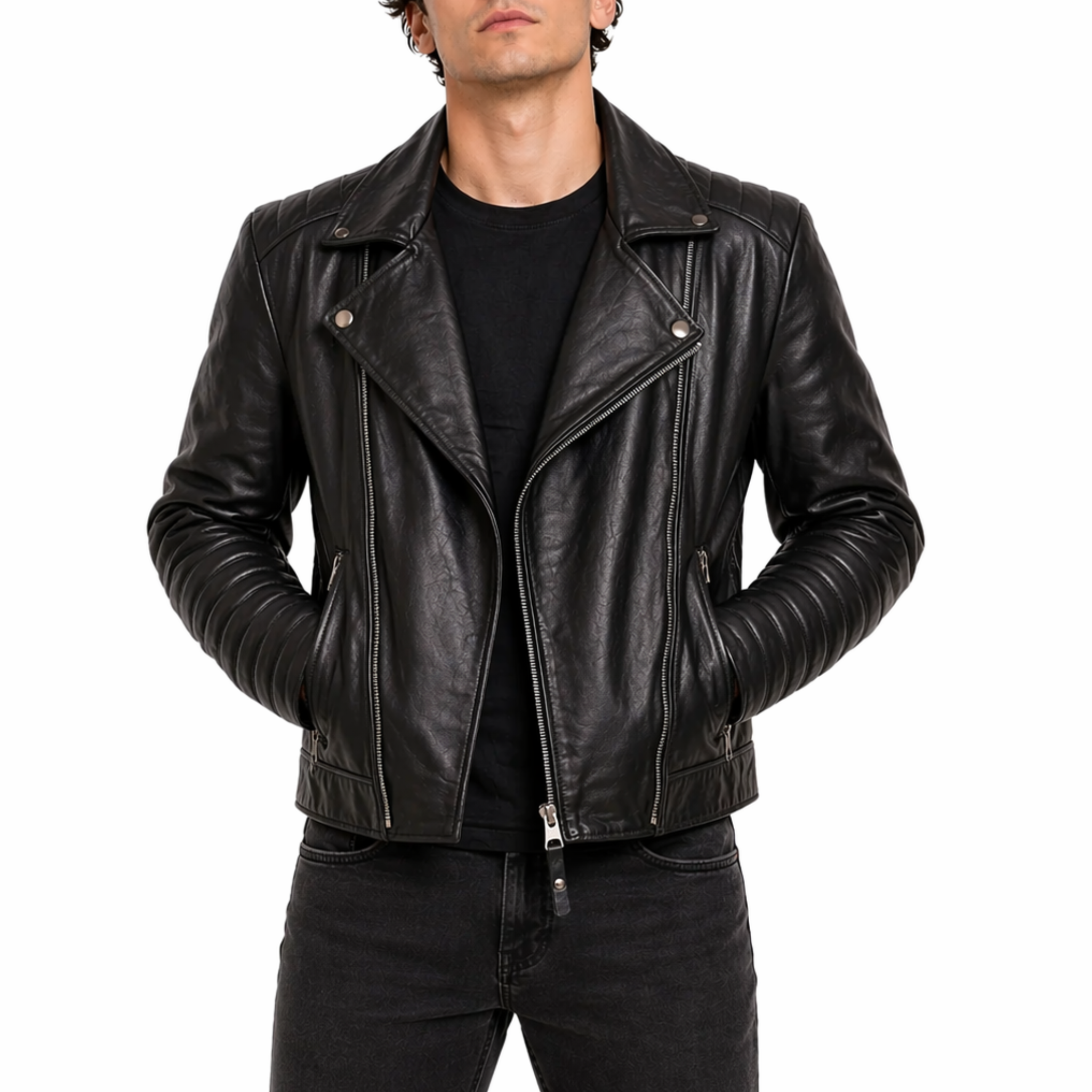 Mens Black Motorcycle Designer Moto Biker Real Sheepskin Leather