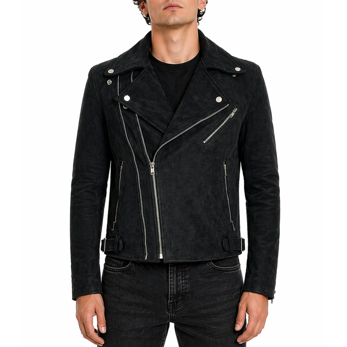 Mens Suede Designer Padded Black Biker Leather Jacket