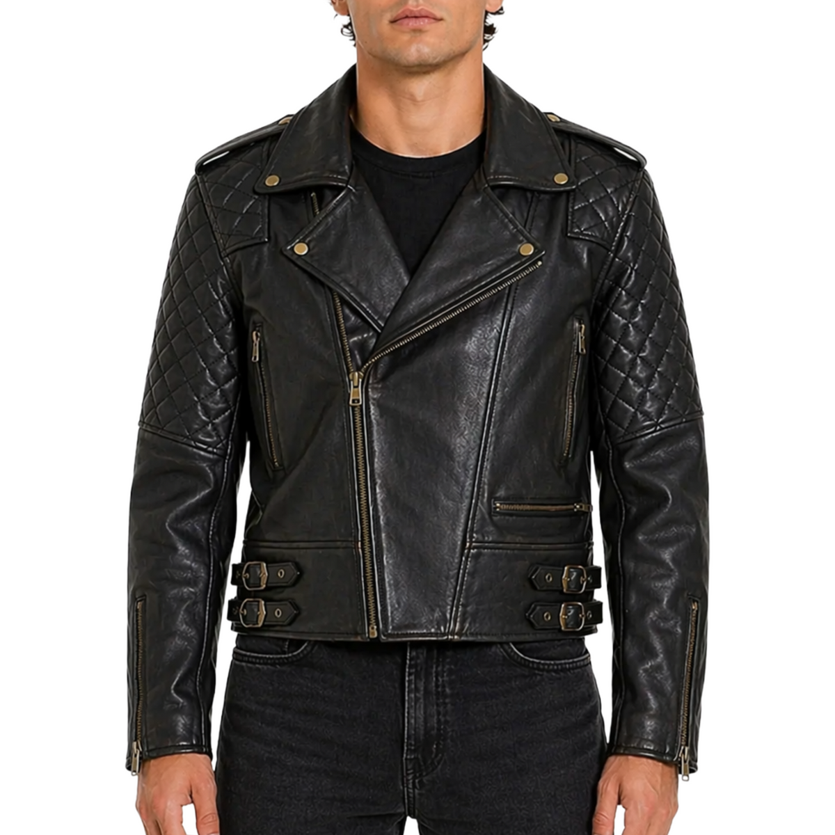 Mens Quilted Leather Motorcycle Biker Jacket