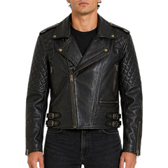 Mens Quilted Leather Motorcycle Biker Jacket