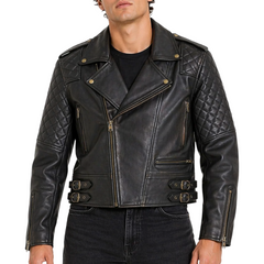 Mens Quilted Leather Motorcycle Biker Jacket