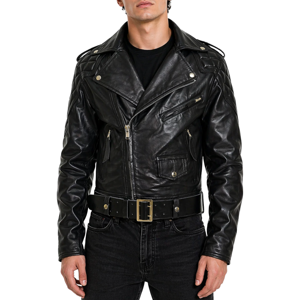 Mens Quilted Side Lace-Up Designers Biker Leather Jacket