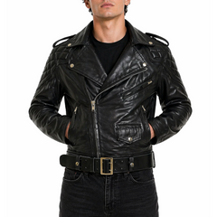 Mens Quilted Side Lace-Up Designers Biker Leather Jacket