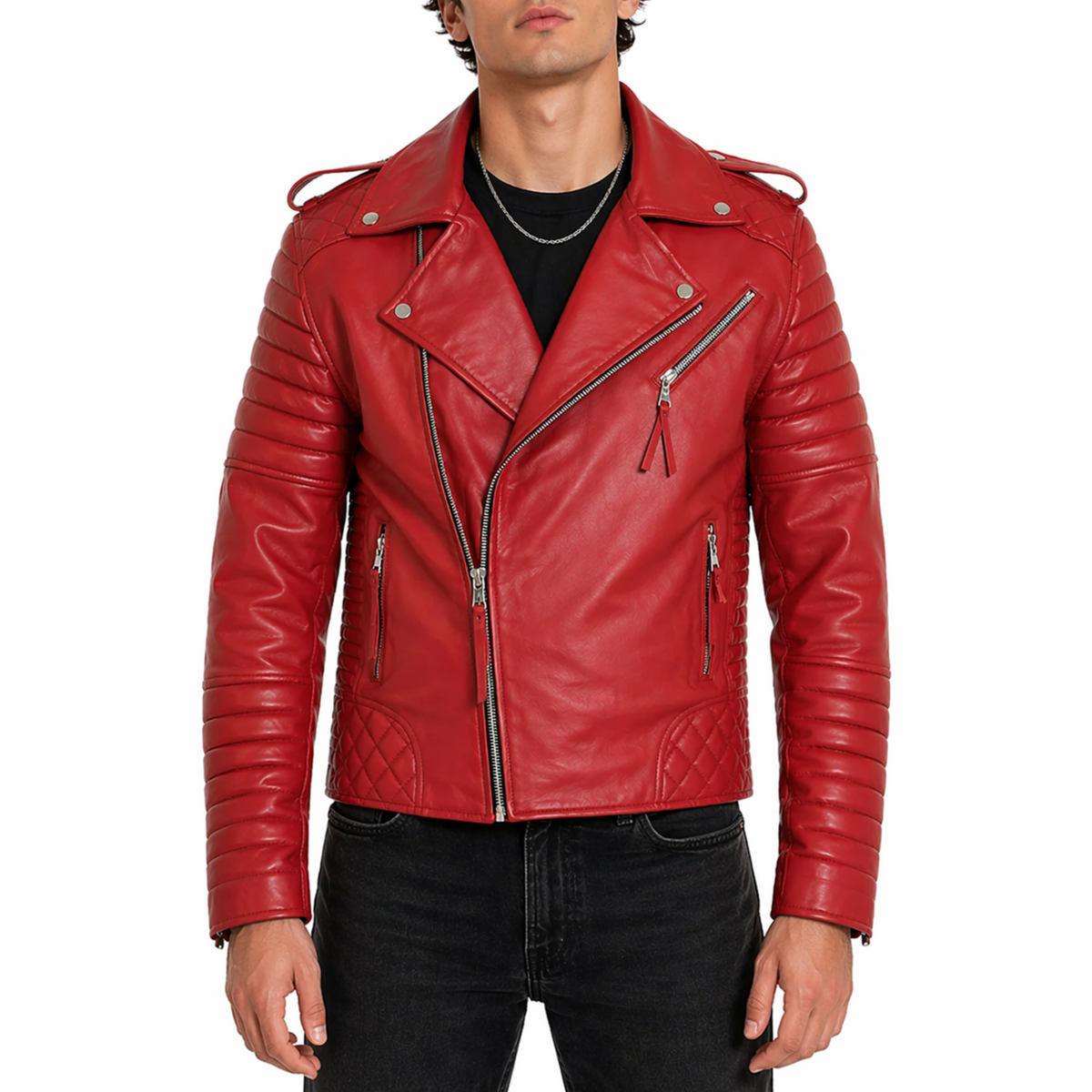 Mens Motorcycle Red Quilted Moto Biker Designer Leather Jacket Man's