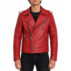 Mens Motorcycle Red Quilted Moto Biker Designer Leather Jacket Man's