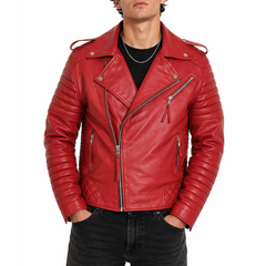 Mens Motorcycle Red Quilted Moto Biker Designer Leather Jacket Man's