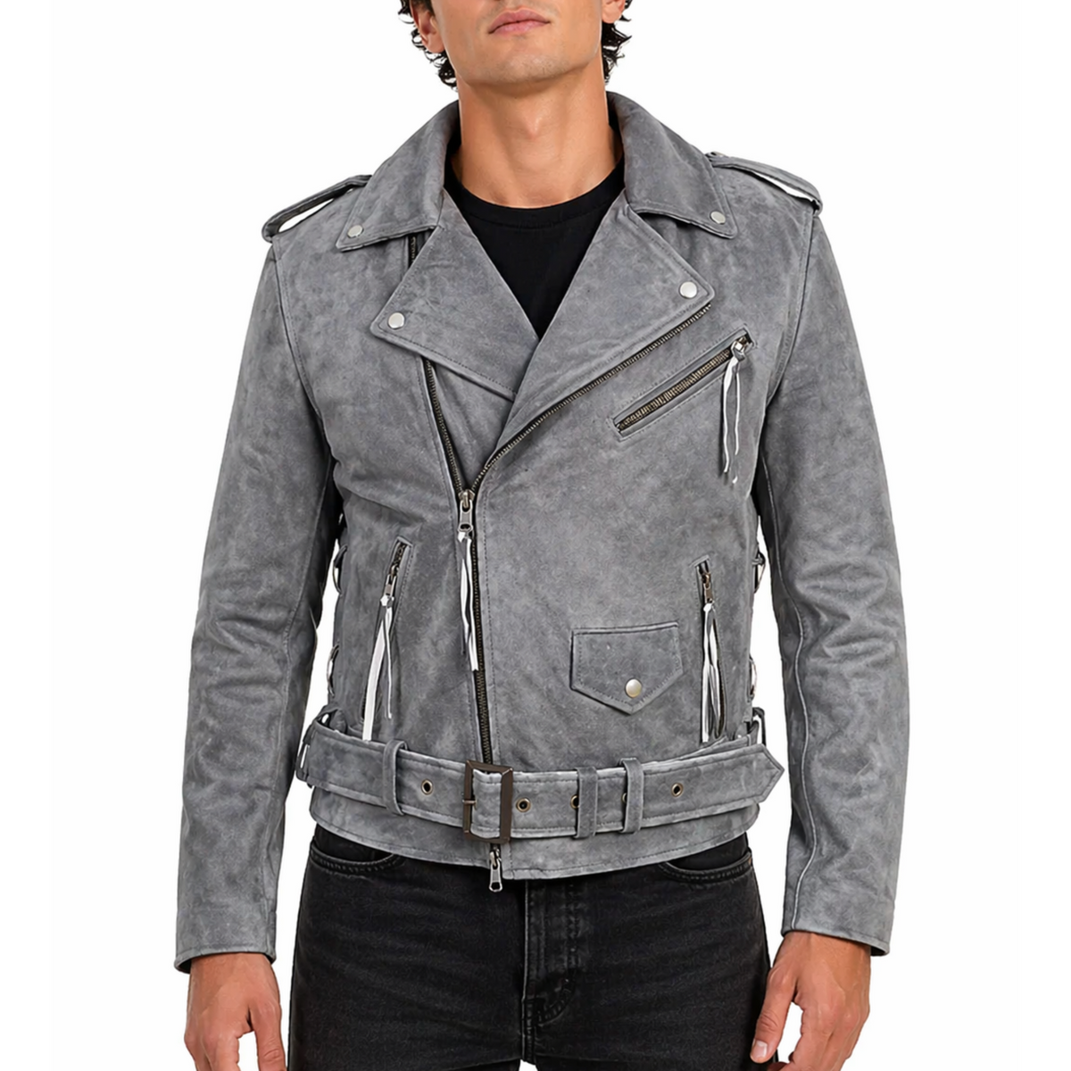Side Lace-up Vintage Black Distressed Motorcycle Biker Leather Jacket
