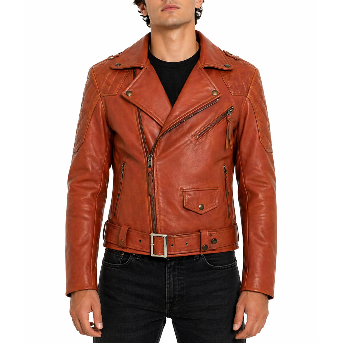 Columbia Diamond Quilted Motorbike Orange Leather Jacket Men's