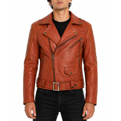 Columbia Diamond Quilted Motorbike Orange Leather Jacket Men's
