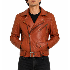 Columbia Diamond Quilted Motorbike Orange Leather Jacket Men's