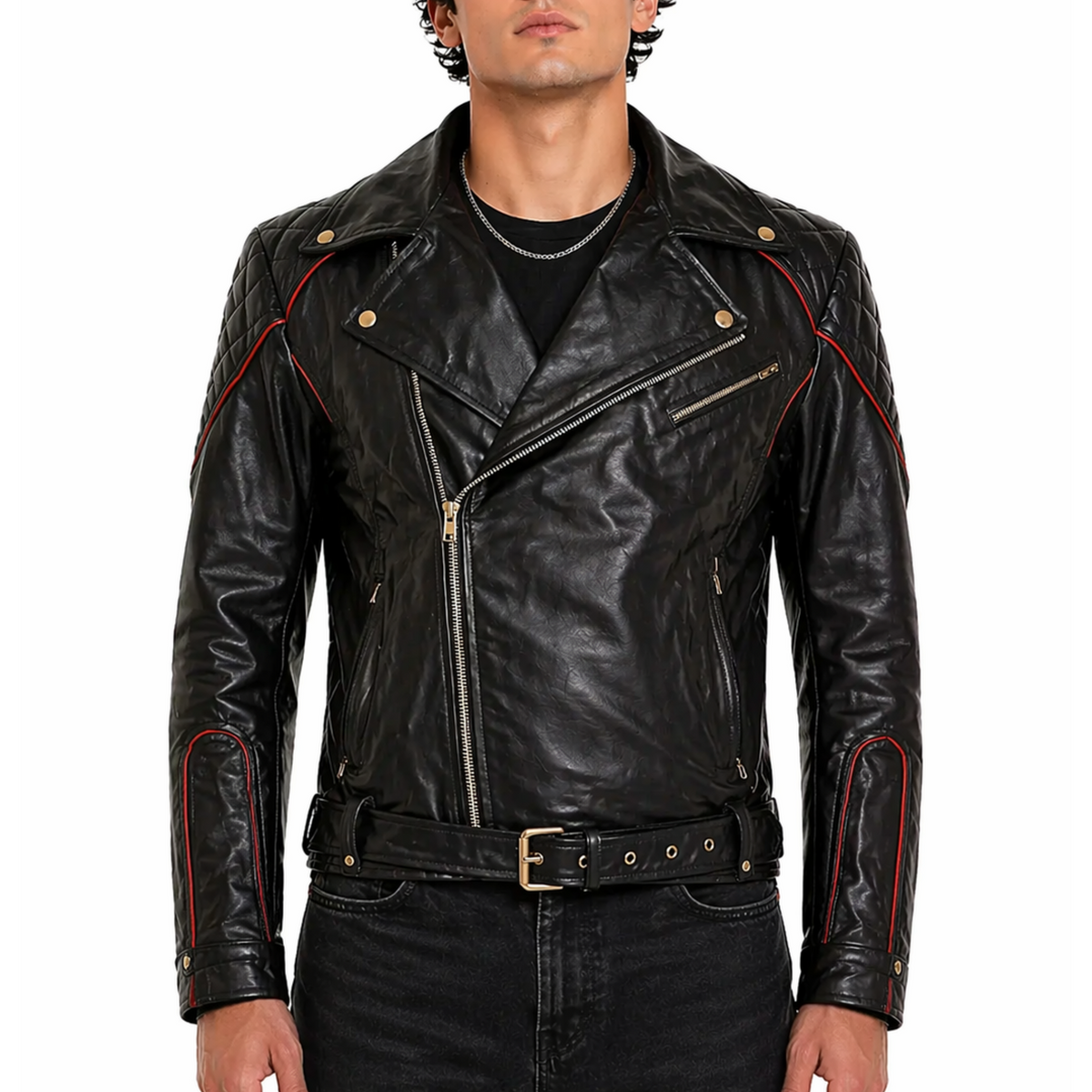 Black Leather Biker Jacket With Red Piping Design Men's
