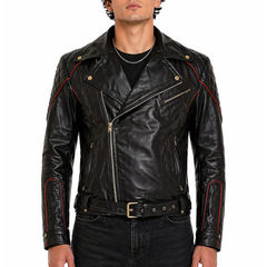 Black Leather Biker Jacket With Red Piping Design Men's