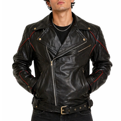 Black Leather Biker Jacket With Red Piping Design Men's