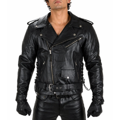 Biker Motorcycle Side lace-up Leather Jacket Men's