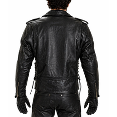 Biker Motorcycle Side lace-up Leather Jacket Men's