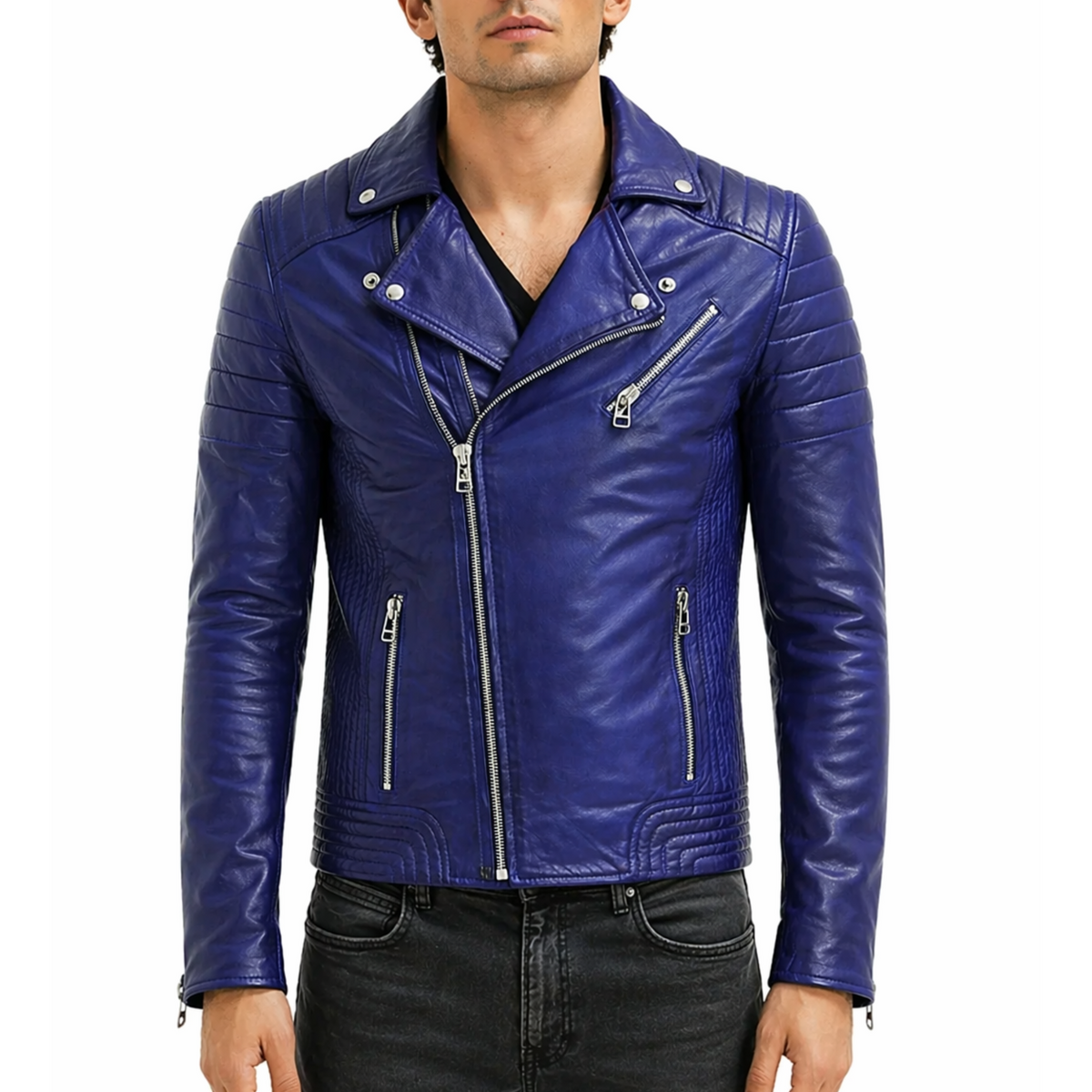 Men's Biker Padded Style Motorcycle Blue Leather Jacket Man's