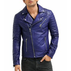 Men's Biker Padded Style Motorcycle Blue Leather Jacket Man's