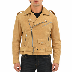 Men's Beige Motorcycle Belted Real Suede Leather Biker Jacket